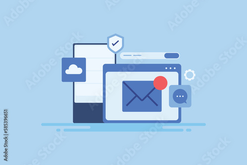 Web hosting service, secure communication network connection, cloud computing technology vector illustration.