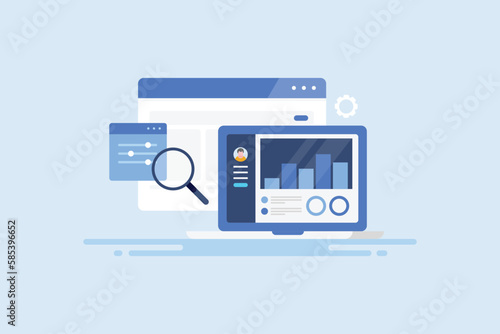 Data and information displaying on web page laptop screen SEO marketing advertising analytics vector illustration concept.