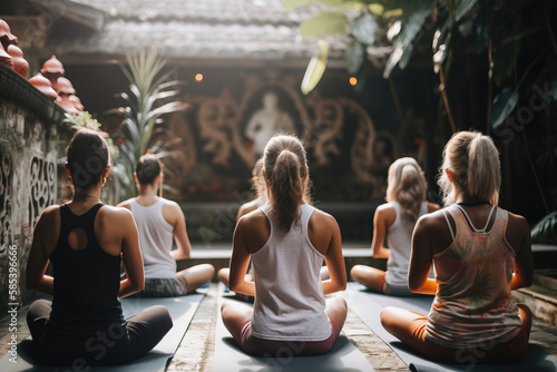 Girls making yoga in the lotus position. Tropical background