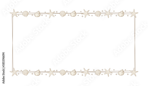 Rectangle seashell frame. Sea and ocean design vertical template. Vector illustration summer or beach party advertising design