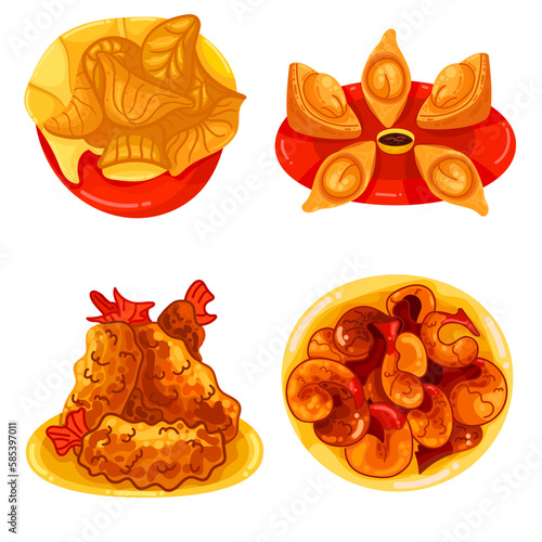 Chinese food set menu isolated on white background illustration vector. (Spring Rolls, Dim Sum, Wonton, Chow Mein, Sweet and Sour Chicken, Peking Duck).
