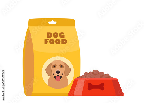 Dog food, bag package and full dry food bowl. Pet meal. Vector illustration.