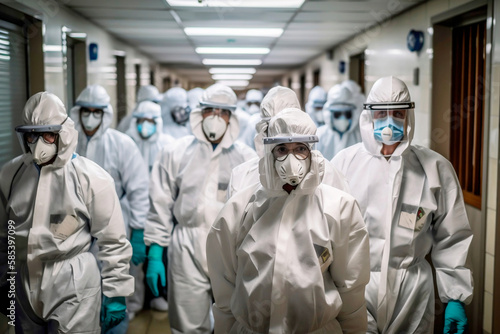 Diverse medical team join forces against pandemic: doctors, nurses, researchers and technicians from different backgrounds, genders and ages work together for solutions, made with generative IA