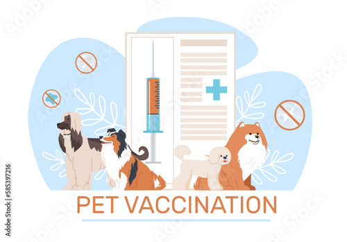Vaccination of pets, cat and dog professional health care. Vet passport and syringe with vaccine. Veterinary clinic, animal examination. Cartoon flat illustration. Vector medical concept