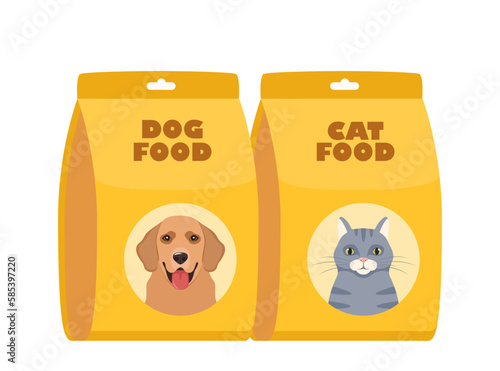 Dog or cat food packs. Packages of dry canine and feline food. Pet shop, domestic animal, care concept. Vector illustration.