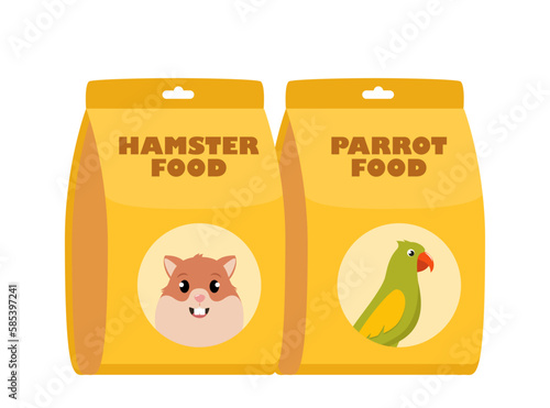 Parrot Food and Hamster food pack. Packages of dry food. Pet shop, domestic animal, care concept. Vector illustration.
