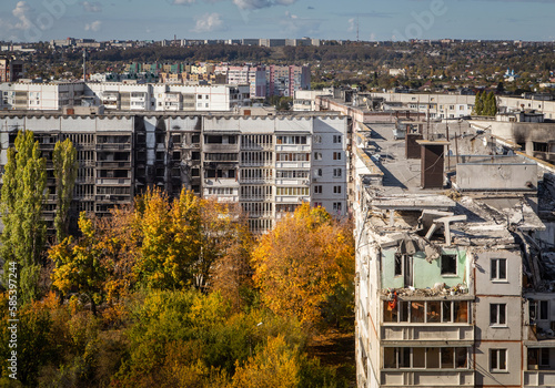 Destroyed and burned multi-apartment residential buildings after rocket attack. Residential area Saltivka in Kharkiv city, Ukraine. Russian War against Ukraine