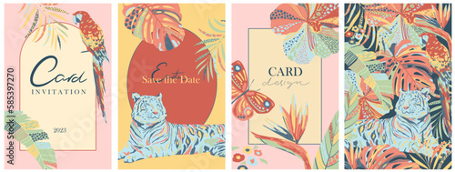 Set of colorful exotic cards, covers, invitations. Tropical leaves, flowers, butterfly, parrot, tiger. Trendy style botanical and animal design.