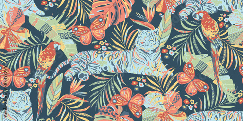 Colorful exotic seamless pattern, wallpaper, fabric print design. Tropical leaves, flowers, tiger, parrot, butterfly abstract endless background. 