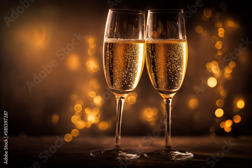 Two glasses of champagne with golden bokeh.	Generative AI. 