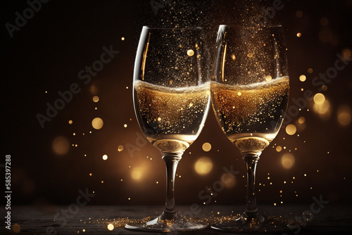 Two glasses of champagne with golden bokeh.	Generative AI. 