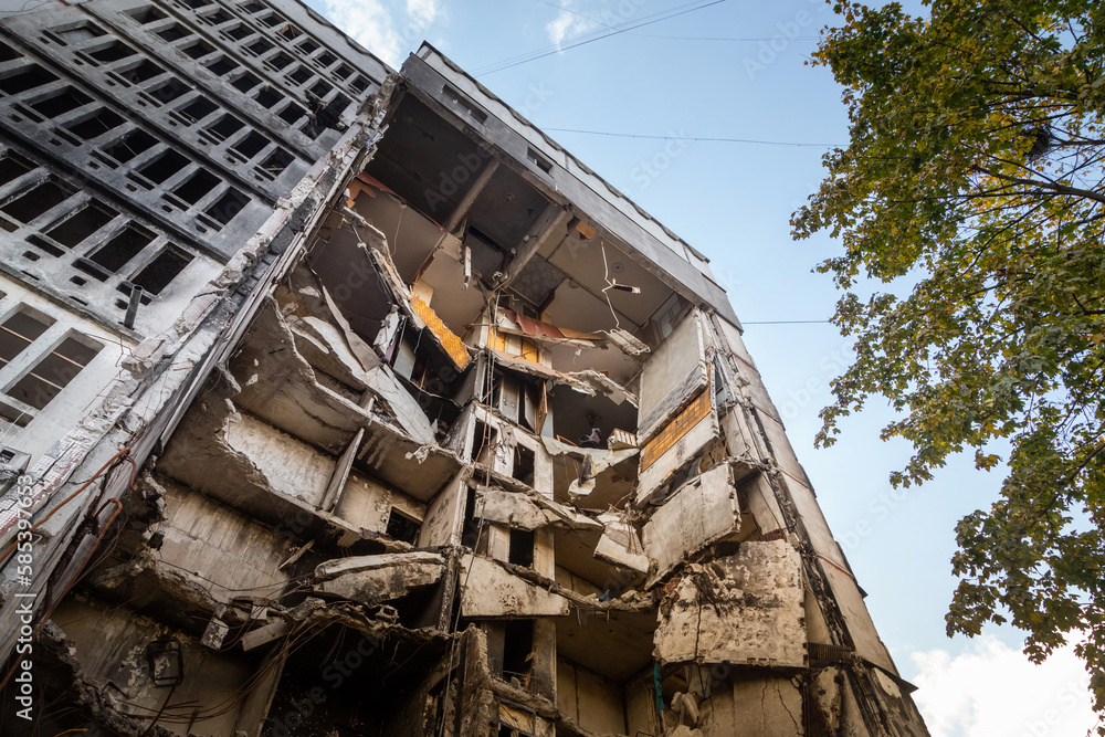 Destroyed and burned multi-apartment residential buildings after rocket attack. Residential area Saltivka in Kharkiv city, Ukraine. Russian War against Ukraine Destroyed and burned multi-apartment residential buildings after rocket attack. Residential area Saltivka in Kharkiv city, Ukraine. Russian War against Ukraine