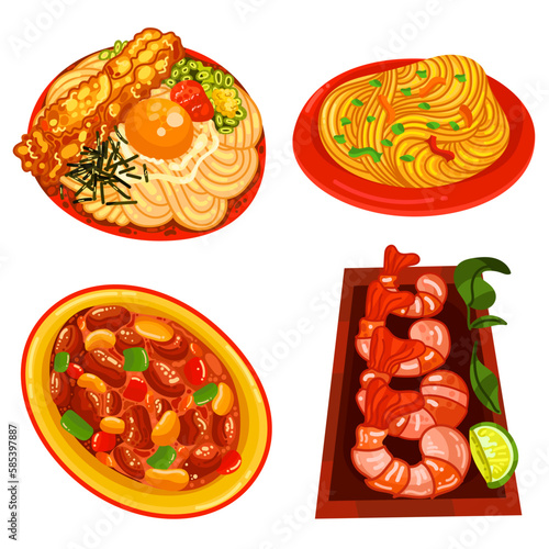 Chinese food set menu isolated on white background illustration vector. (Spring Rolls, Dim Sum, Wonton, Chow Mein, Sweet and Sour Chicken, Peking Duck).