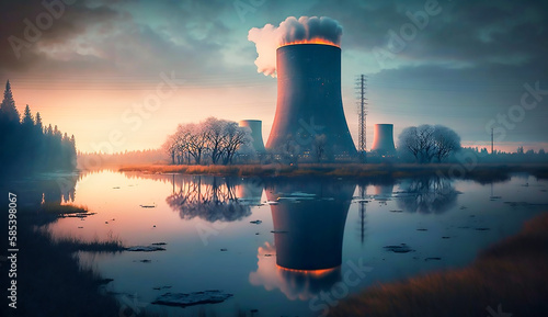 Cooling towers of nuclear power plant producing electrical energy with large pipes, Generative AI