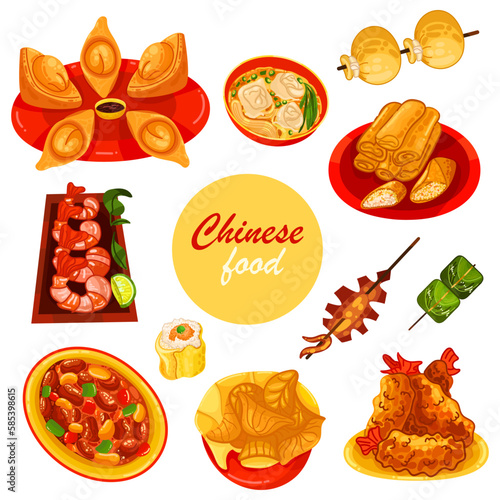 Chinese food set menu isolated on white background illustration vector. (Spring Rolls, Dim Sum, Wonton, Chow Mein, Sweet and Sour Chicken, Peking Duck).