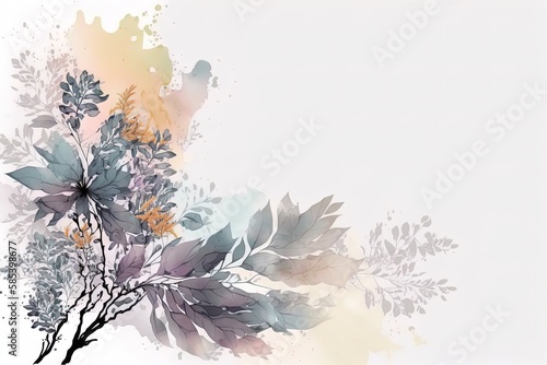 Elegant hand drawn artistic flowers and leaves background in soft pastel colors. Abstract floral template with watercolor paint drops with empty space