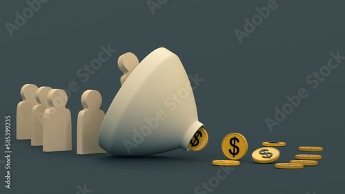 Figures of people fall into the funnel and turn into coins. Sales funnel. Money funnel. Marketing and attraction. 3D rendering
