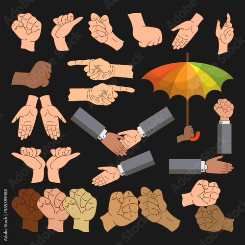 A collection of images of human hands. Various gestures and compositions for your project. Icons, emblems, symbols on a black background. Vector set