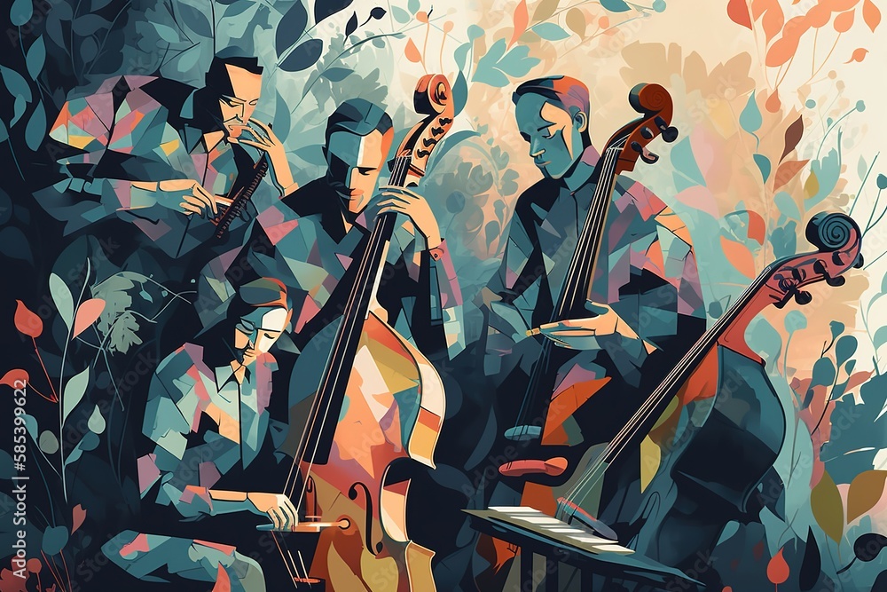 custom made wallpaper toronto digitalJazz quartet. Musicians performing music on abstract floral background. , Generative AI