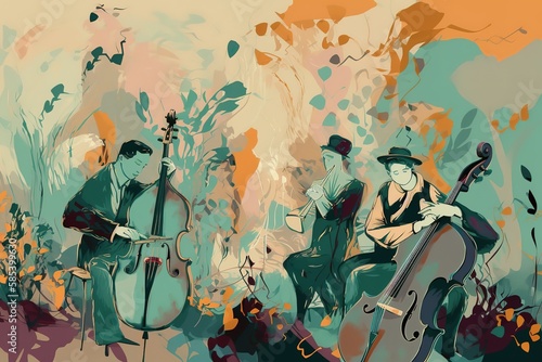 Jazz quartet. Musicians performing music on abstract floral background. , Generative AI