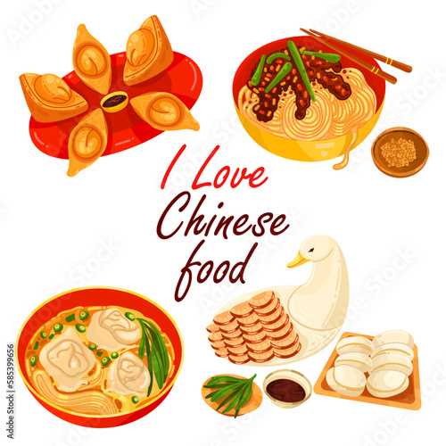Chinese food set menu isolated on white background illustration vector. (Spring Rolls, Dim Sum, Wonton, Chow Mein, Sweet and Sour Chicken, Peking Duck).