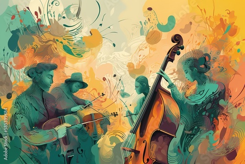 Jazz quartet. Musicians performing music on abstract floral background. , Generative AI