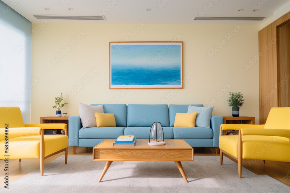 Modern living room with blue sofa and yellow walls. Genetive AI Modern living room with blue sofa and yellow walls. Genetive AI