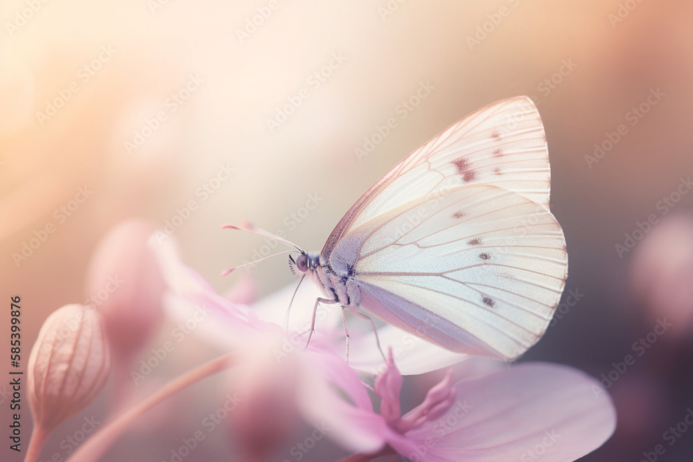 Butterfly on pink flower. Spring in pastel colors. Genetive AI Butterfly on pink flower. Spring in pastel colors. Genetive AI
