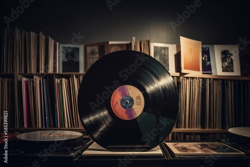 Vinyl record in front of a collection of albums, vintage music concep