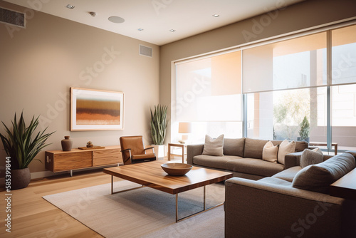 Modern living room in beige colors. Genetive AI