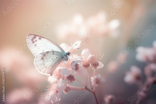 Butterfly on pink flower. Spring in pastel colors. Genetive AI