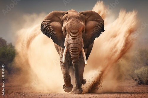 Fototapeta Elefante corriendo a toda velocidad y levantando arena