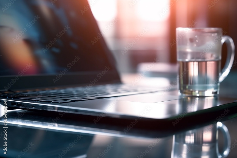 A glass of water on a laptop