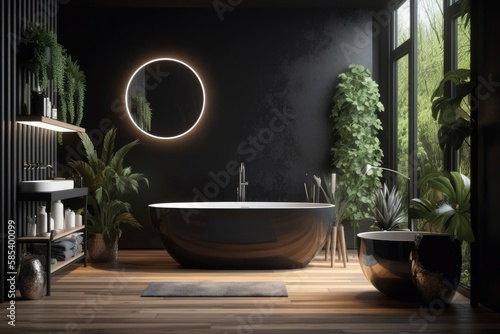 Black walls, white basin with oval mirror, bathtub, shower, plants, and dark parquet floor. Modern minimalist bathroom. Generative AI