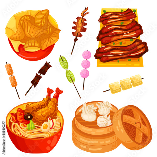Chinese food set menu isolated on white background illustration vector. (Spring Rolls, Dim Sum, Wonton, Chow Mein, Sweet and Sour Chicken, Peking Duck).
