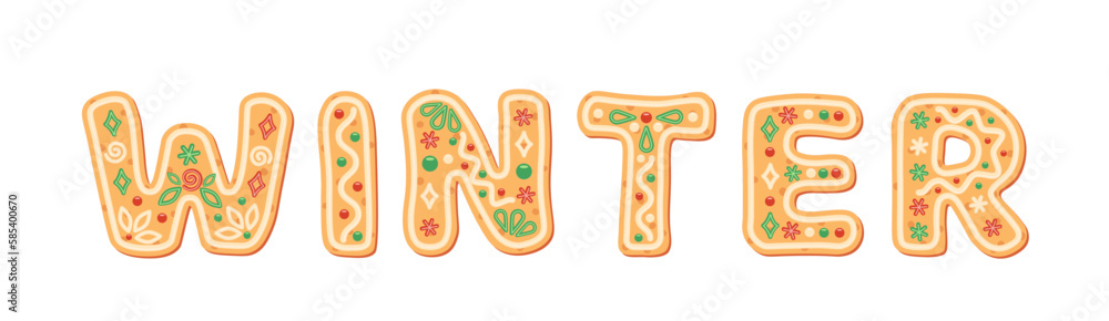 Word winter of gingerbread letters. Cookie lettering. Gingerbread font. Vector Word winter of gingerbread letters. Cookie lettering. Gingerbread font. Vector