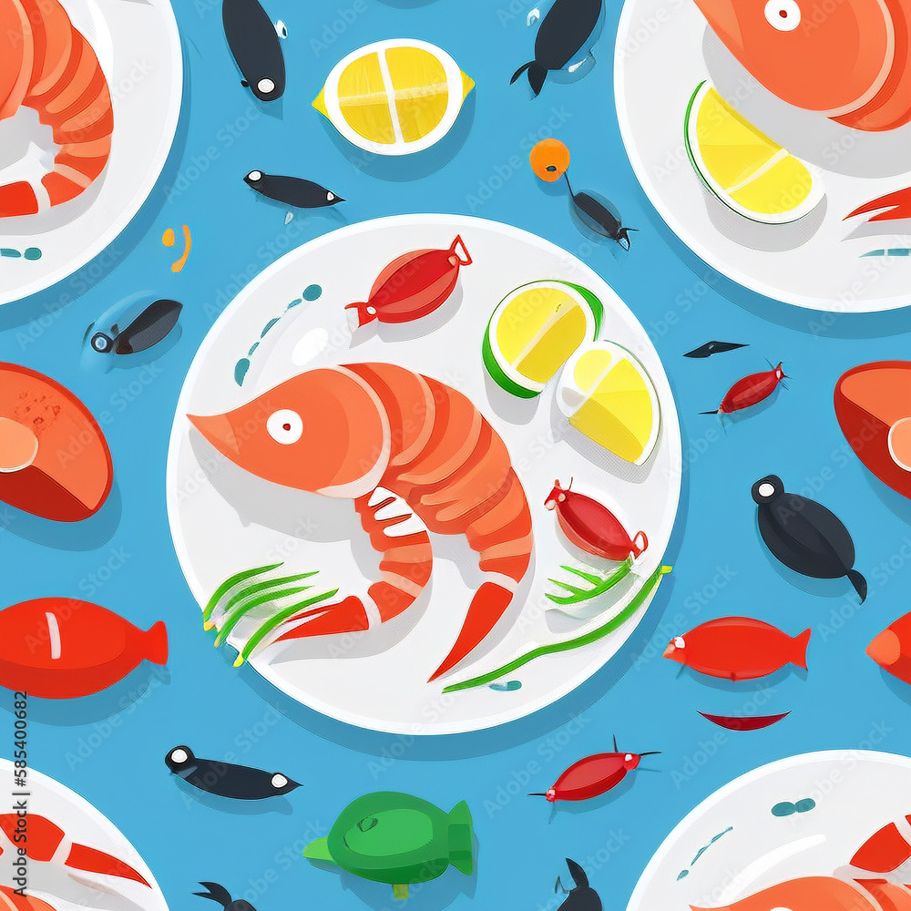 Seafood, tiles pattern texture seamless illustration flat Seafood, tiles pattern texture seamless illustration flat