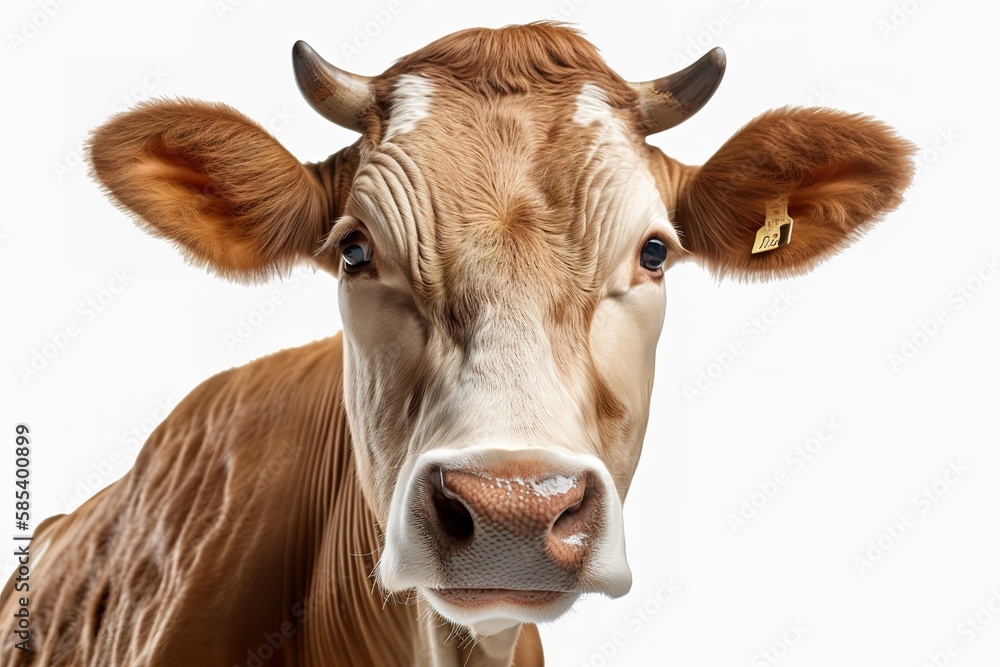 AI spotted cow looking at camera against white background, Generative AI AI spotted cow looking at camera against white background, Generative AI