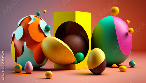 Easter eggs in a dynamic 3D abstract background: pastel colors, liquify effect, soft lighting, reflective surfaces, subtle textures, 8K detail