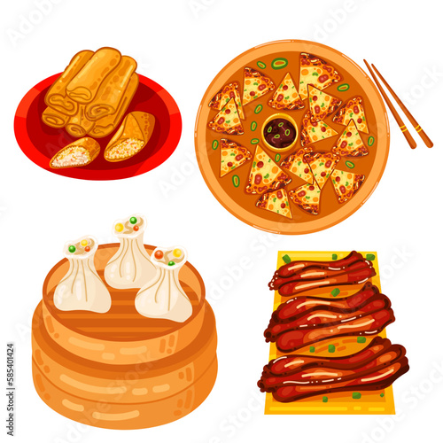 Chinese food set menu isolated on white background illustration vector. (Spring Rolls, Dim Sum, Wonton, Chow Mein, Sweet and Sour Chicken, Peking Duck).