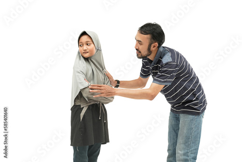 young asian girl upset being comfort by her father over white background