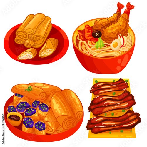 Chinese food set menu isolated on white background illustration vector. (Spring Rolls, Dim Sum, Wonton, Chow Mein, Sweet and Sour Chicken, Peking Duck).