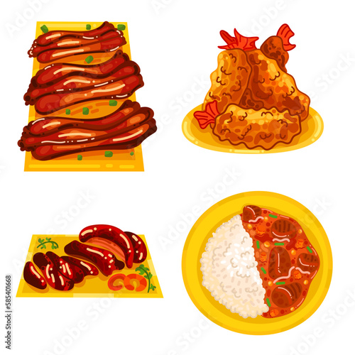 Chinese food set menu isolated on white background illustration vector. (Spring Rolls, Dim Sum, Wonton, Chow Mein, Sweet and Sour Chicken, Peking Duck).