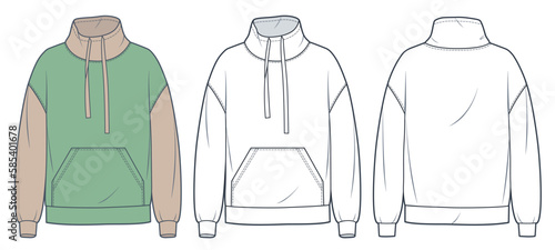 Set of Sweatshirt technical fashion illustration, fashion design. Roll Neck Sweatshirt fashion technical drawing template, pocket, front and back view, white, green, women, men, unisex CAD mockup set.