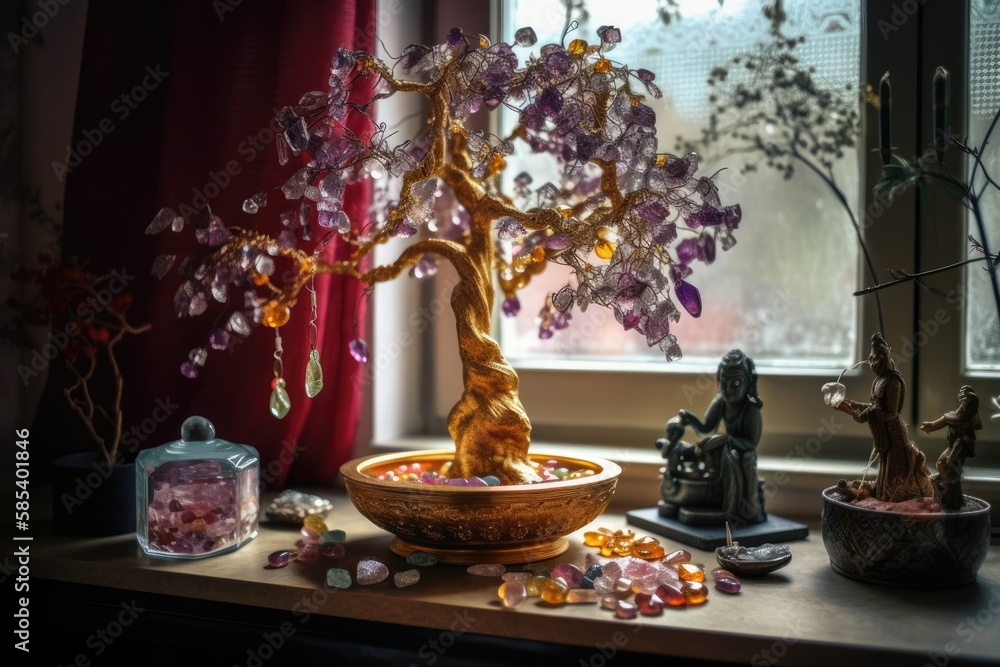 Fototapeta premium Home Feng Shui altar. Bringing prosperity. Crystal clusters, wire tree with jewels, gilded Buddha on table and window sill. Colorful. Generative AI