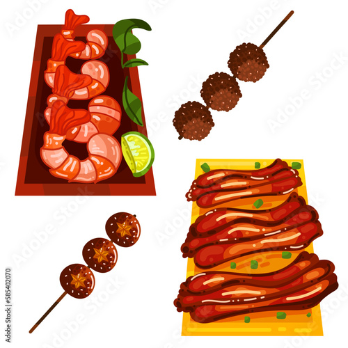 Chinese food set menu isolated on white background illustration vector. (Spring Rolls, Dim Sum, Wonton, Chow Mein, Sweet and Sour Chicken, Peking Duck).