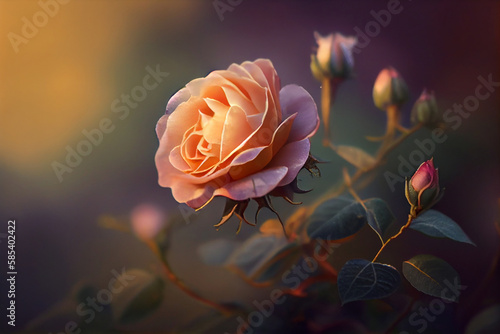 Pink rose with green leave and some part of red rose below on nataral blured background , AI Generated photo