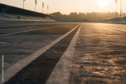 a race track closeup pavement early in the morning sunrise. generative ai 