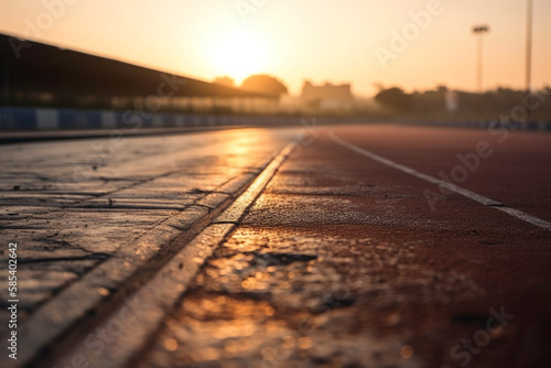 a race track closeup pavement early in the morning sunrise. generative ai 