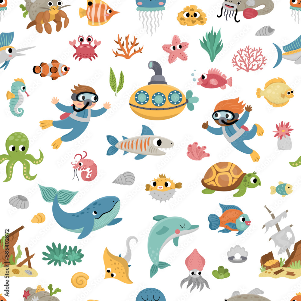Vector under the sea seamless pattern. Repeat background with cute fish, seaweeds, divers, submarine. Ocean life digital paper. Funny water animals and weeds illustration with dolphin, whale. Vector under the sea seamless pattern. Repeat background with cute fish, seaweeds, divers, submarine. Ocean life digital paper. Funny water animals and weeds illustration with dolphin, whale.